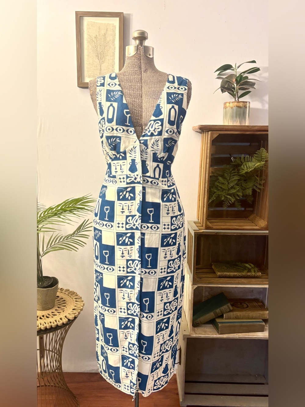 Emerson Fry RARE Linen Sleeveless XS Dress Mediterranean Folk Art Stamp Motif